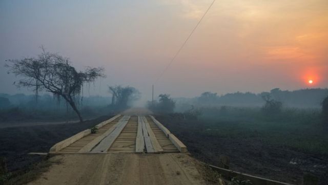 Estrada rústica no Pantanal rodeada por fumaça, com floresta e sol ao fundo