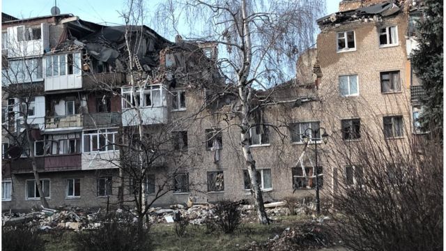 Bombs tore up building facades across Bakhmut.