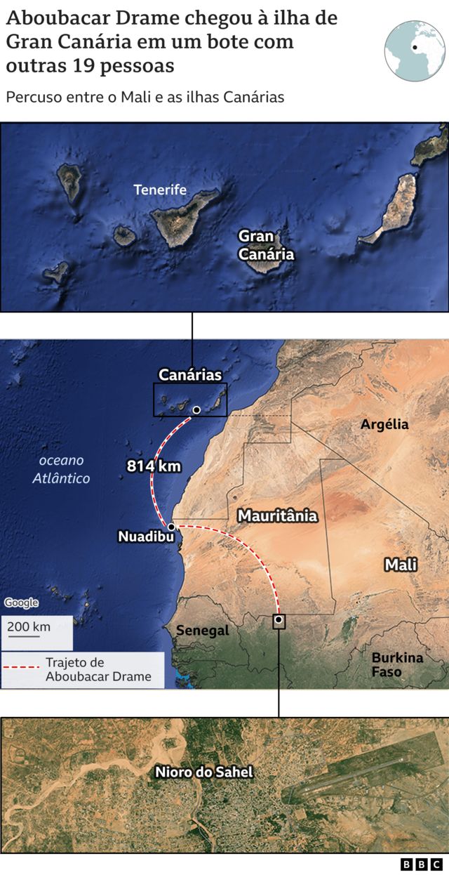 Mapa do trajeto de Aboubacar Drame até as ilhas Canárias