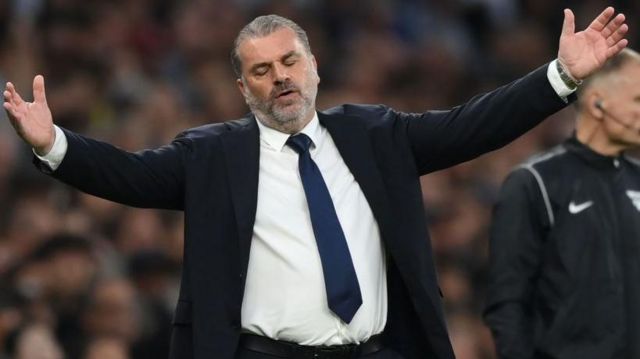 Frustrated Spurs manager Ange Postecoglou during defeat to Manchester City