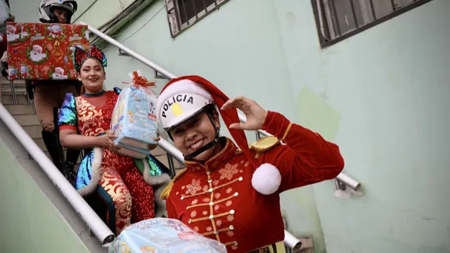 Police officers deliver gifts, Lima, Peru