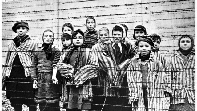 A group of child survivors at the Nazi concentration camp at Auschwitz-Birkenau, 27 January 1945