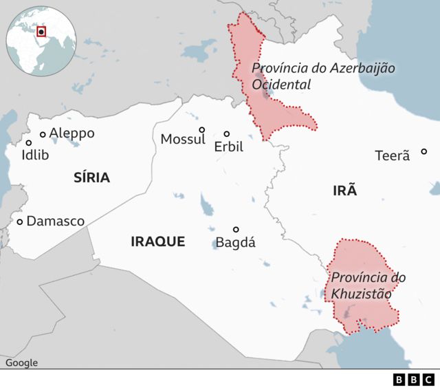 Mapa mostrando Irã, Iraque e Síria