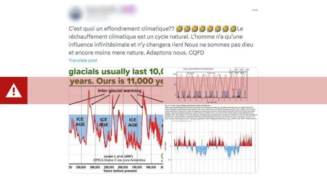 Captura de tela de um tuíte, em francês, argumentando erroneamente que a mudança climática é um “ciclo natural” sobre o qual os humanos têm pouca influência
