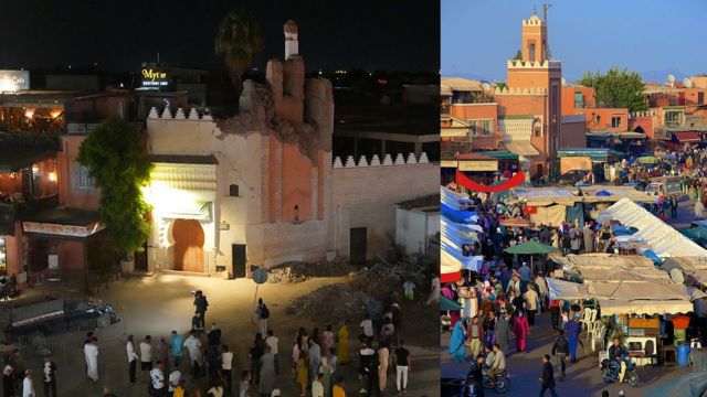 El alminar de la mezquita Kharbouch antes (der) y después (izq) del terremoto.
