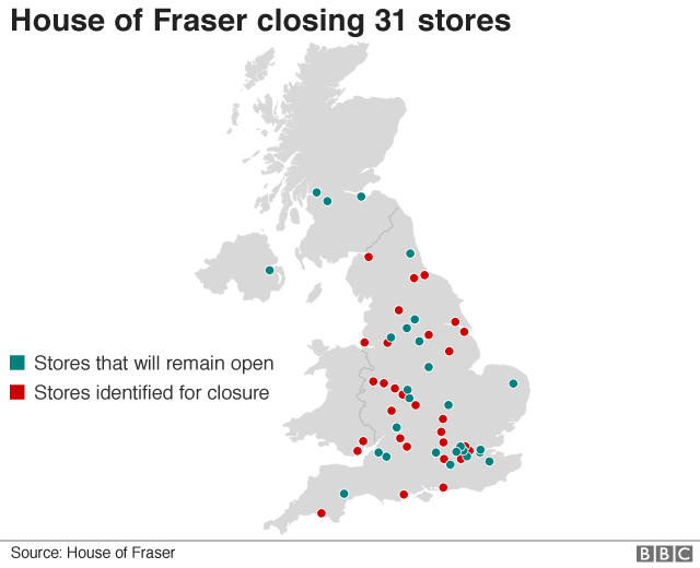 Map of House of Fraser store closures