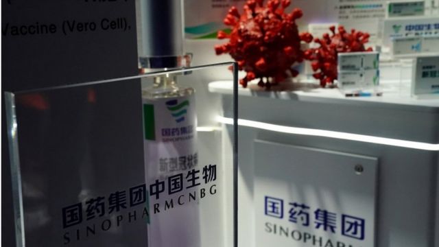 A booth displaying a coronavirus vaccine candidate from China National Biotec Group (CNBG), a unit of state-owned pharmaceutical giant China National Pharmaceutical Group (Sinopharm), is seen at the 2020 China International Fair for Trade in Services (CIFTIS), following the COVID-19 outbreak, in Beijing, China September 4, 2020.
