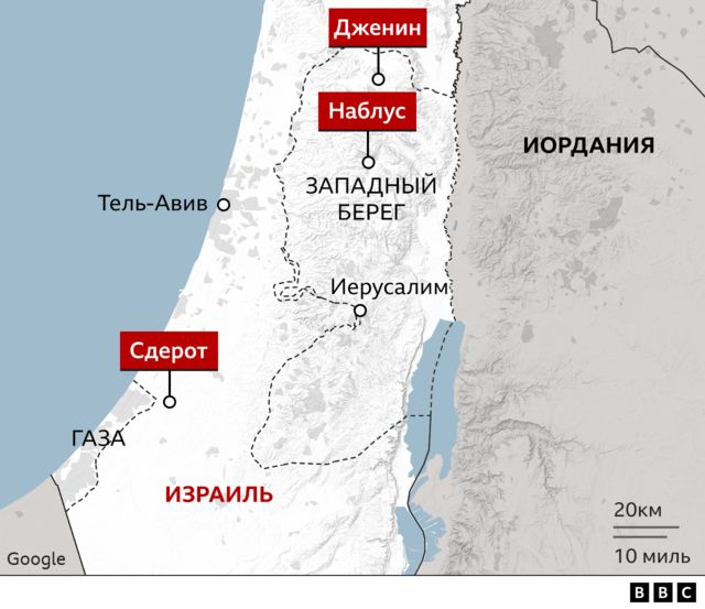 Карта Газы, Западного берега и Израиля