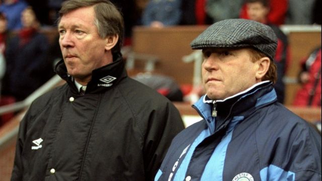 Sir Alex Ferguson and Alan Ball stand next to each other in FA Cup fifth round 1996