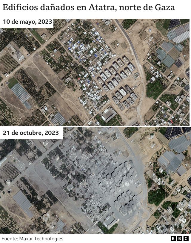 Edificios dañados en Atatra, norte de Gaza