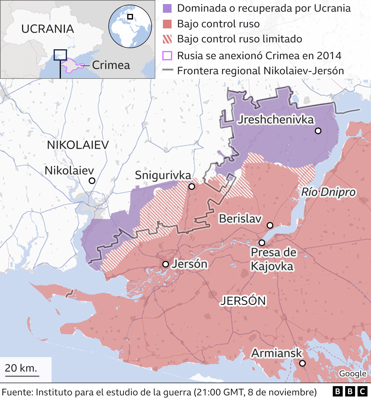 Rusia asegura que todas sus tropas ya se retiraron de Jersón 12 Mapa de la región de Jersón.