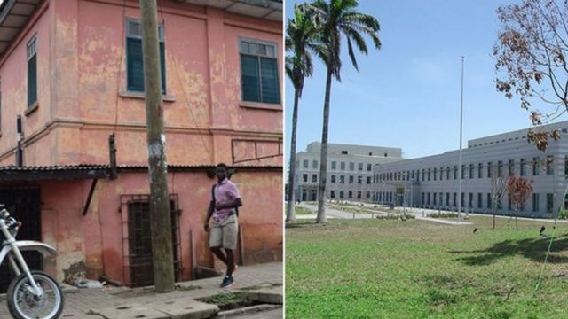 Iyi nyubako itukura umunta ahagaze imbere niyo yari ambasade ya baringa ya Amerika (ibumoso) naho iburyo ni ifoto ya ambasade ya Amerika nyayo muri Ghana.
