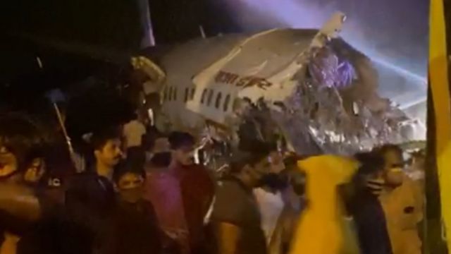 A picture showing the aircraft after it crashed at at Calicut airport in Kerala