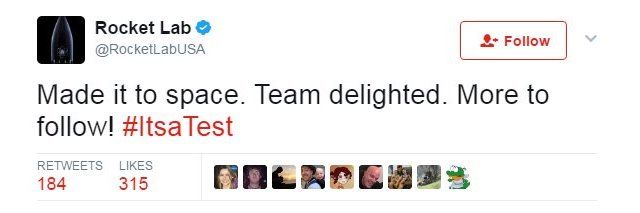 Twitter screenshot "Made it to space. Team delighted. More to follow."