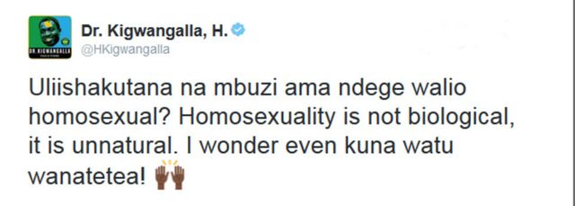 Hamisi Kigwangalla, Twitter'da eşcinselliğin doğal olmadığını, toplumun kurgusu olduğunu savundu.