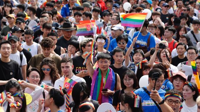 People participate in the annual Taipei Pride march in Taipei