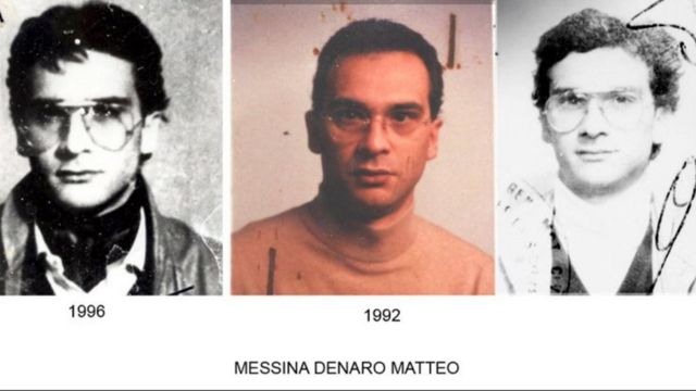 سه تصویر از مسینا دنارو در سال‌های مختلف که سال ۲۰۰۷ در دادگاهی در سیسیل به نمایش درآمد