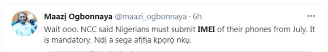 reaction to Nigeria goment order for pipo to link dia IMEI to dia SIM