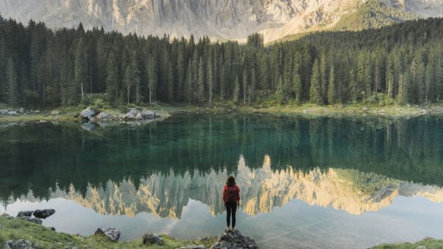 Femme devant la forêt en Europe