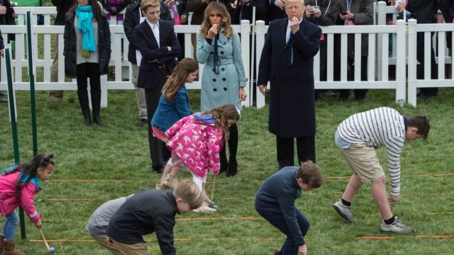 Donald Trump and Melania Trump at the 2018 White House Easter Egg Roll.