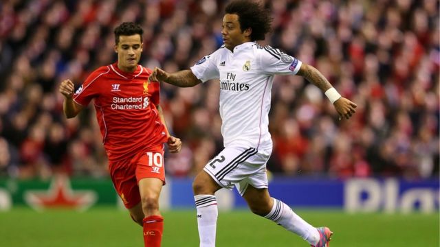 Marcelo na Real Madrid da Philippe Coutinho na Liverpool suna bin kwallo a kararwar da Real Madrid ta lallasa Liverpool da 3-0