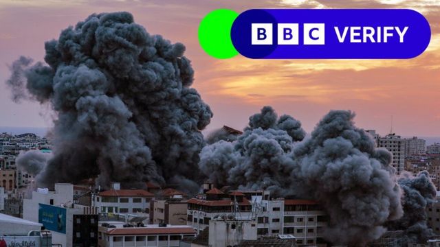 Imagem de bombardeio com logo da BBC Verify