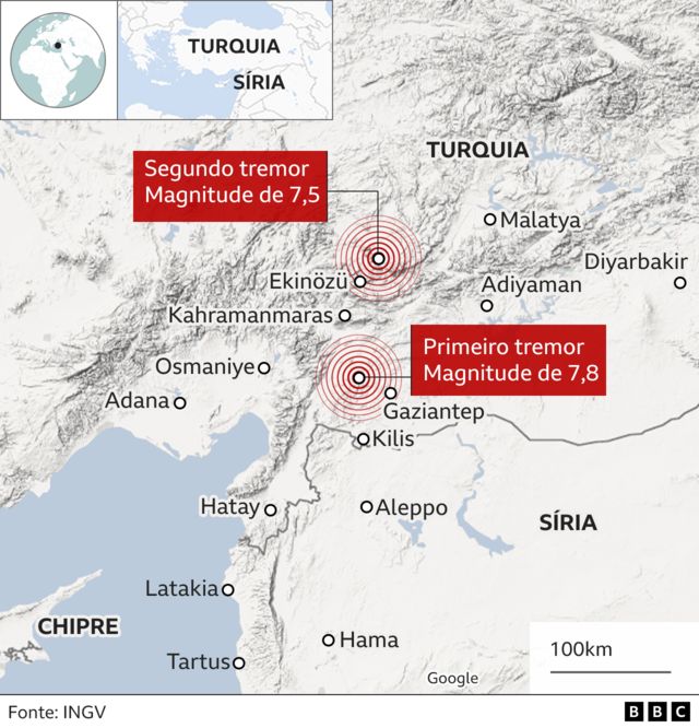 Mapa da BBC mostrando epicentro dos dois tremores na Turquia e Síria