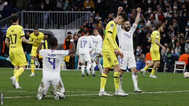 The players of Real Madrid and Chelsea react after the final whistle of their Champions League tie