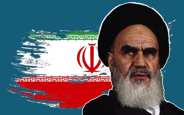 Image of Ayatollah Khomeini over a treated flag of Islamic Republic of Iran