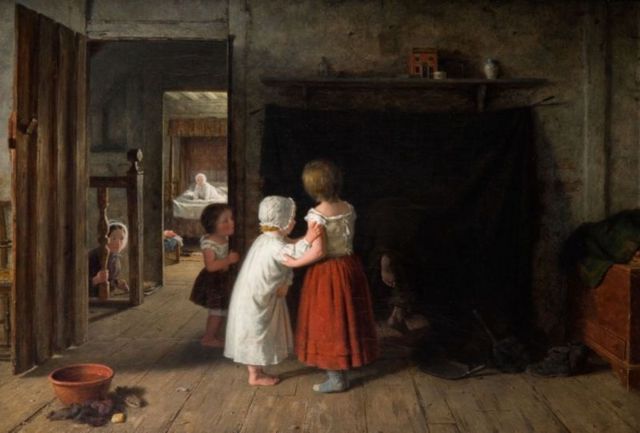 Quadro "The Chimney Sweep", de Frederick Daniel Hardy, mostrando três crianças observando com espanto enquanto outra criança limpa a chaminé de sua casa