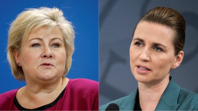 The Prime Ministers of Norway, Erna Soldberg (L), and Denmark, Mette Frederiksen