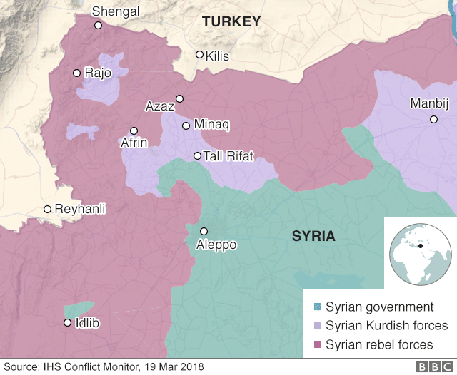Map showing control of Afrin and north-western Syria (19 March 2018)