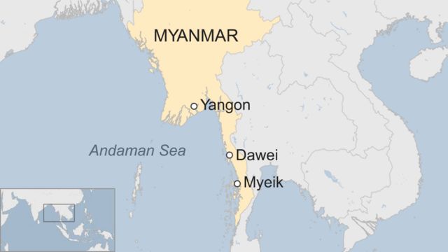 A map showing Myeik, Dawei, and Yangon in Myanmar
