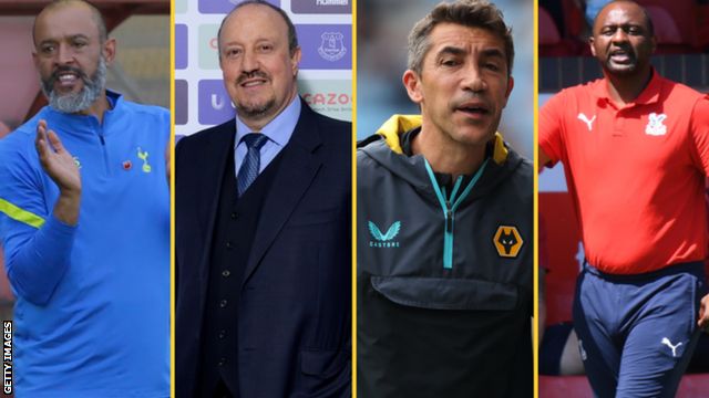 Nuno Espirito Santo (left), Rafael Benitez (second left), Bruno Lage and Patrick Vieira (right)