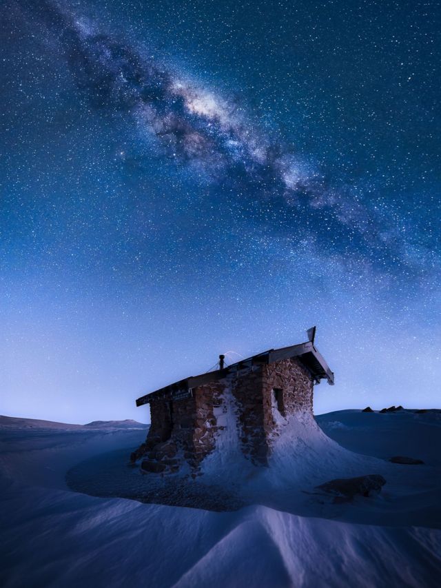 The Milky Way over and observation hut on Mount Kosciuszko in Australia.