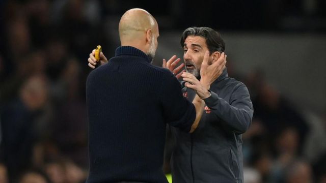  Lorenzo Buenaventura, Fitness Coach of Manchester City, and Pep Guardiola, Manager of Manchester City, celebrate