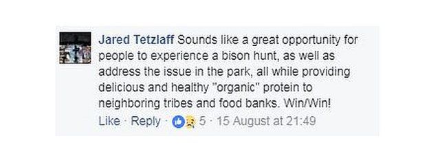 Jared Tetzlaff wrote on Facebook: "Sounds like a great opportunity for people to experience a bison hunt, as well as address the issue in the park, all while providing delicious and healthy "organic" protein to neighboring tribes and food banks. Win/Win!"