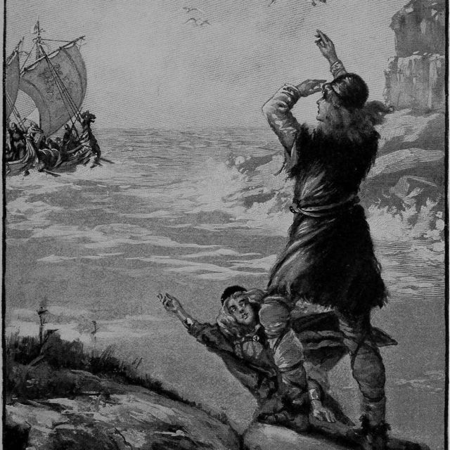 Grabado de los exploradores islandeses, Thorfinn Karlsefni y Gudrid Thorbjarnardottir, del libro "Héroes errantes" de Lillian Louise Price, 1902.