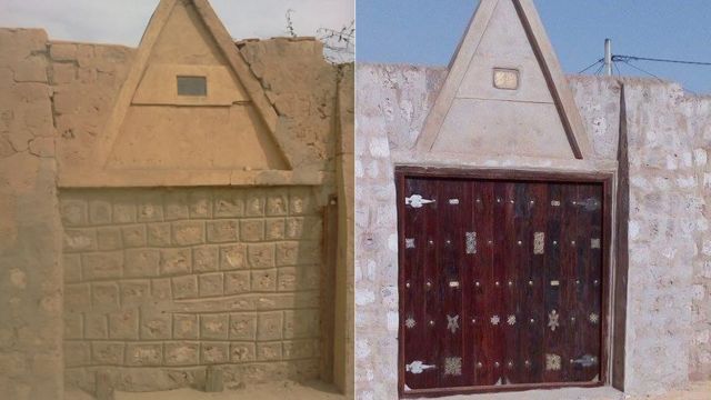 Dos fotos que muestran como fue destruida la puerta de la mezquita de Sidi Yahia y su reconstrucción.