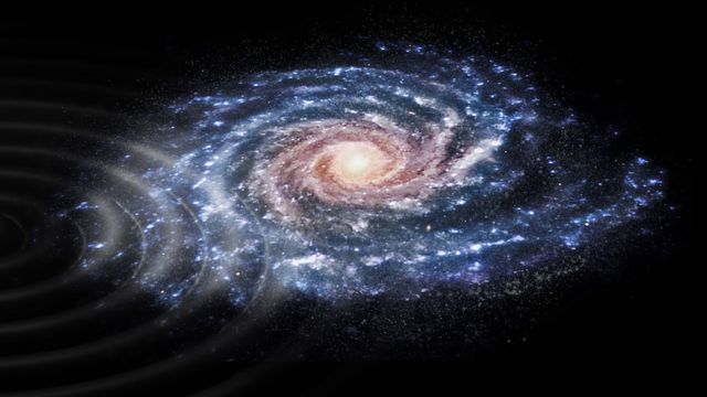 A simulation of the Milky Way colliding with another galaxy in the past.