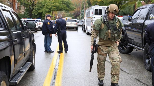 First responders at the scene of a shooting at a Pittsburgh synagogue
