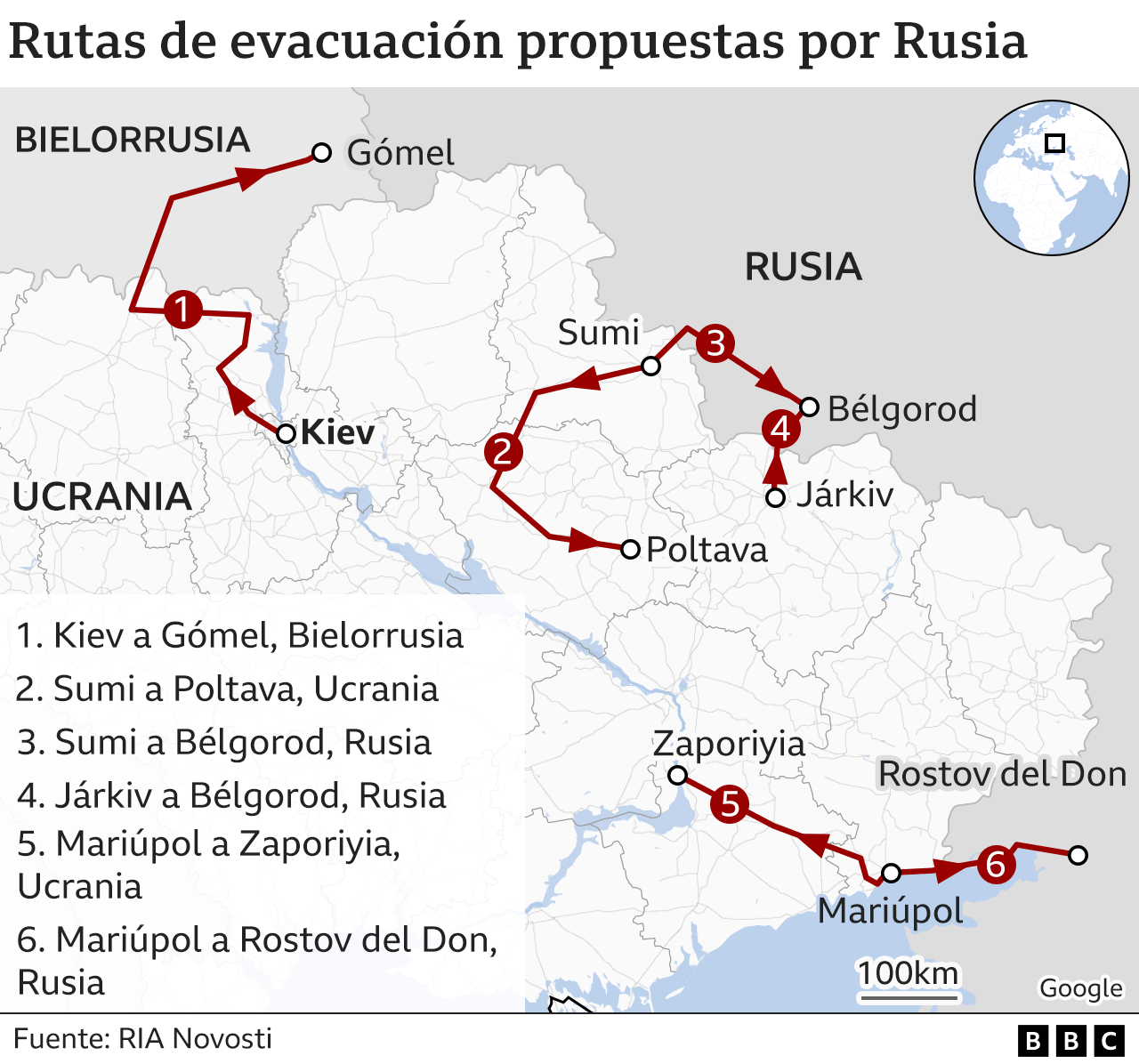 Mapa mostrando las rutas de evacuación propuestas por Rusia