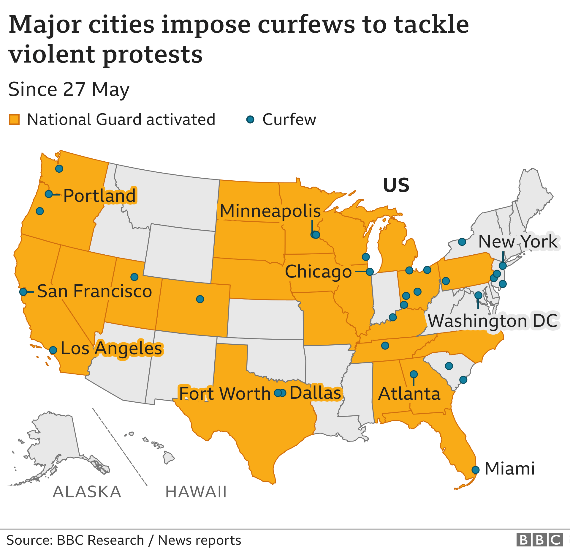 A map of major cities that have imposed curfews as unrest spreads across the US