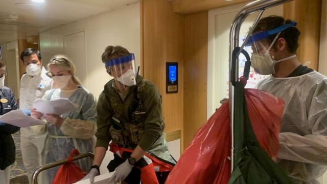 Medical staff prepare to test people on the Grand Princess cruise ship