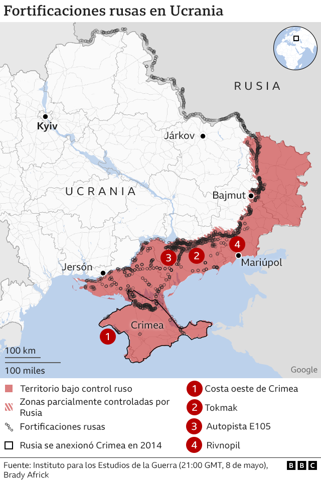 Gráfico que muestra las zonas controladas por Rusia en Ucrania.