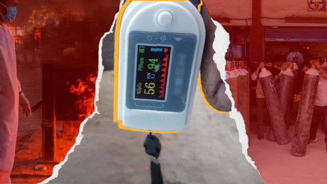 Gabungan tiga gambar dari kiri ke kanan, pekerja krematorium, close-oksimeter yang menunjukkan kadar oksigen rendah, dan laki-laki yang mengatur tabung oksigen.