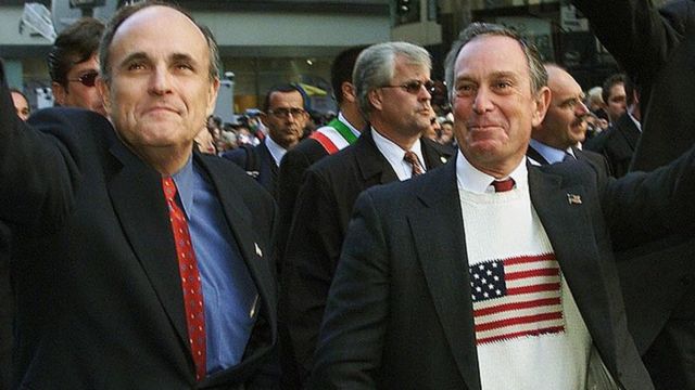 Bloomberg with his predecessor as mayor, Rudy Giuliani, in New York on 8 October, 2001.