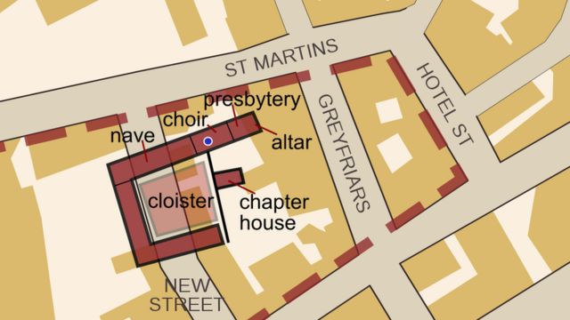 Карта Лестера с обозначением могилы Ричарда III
