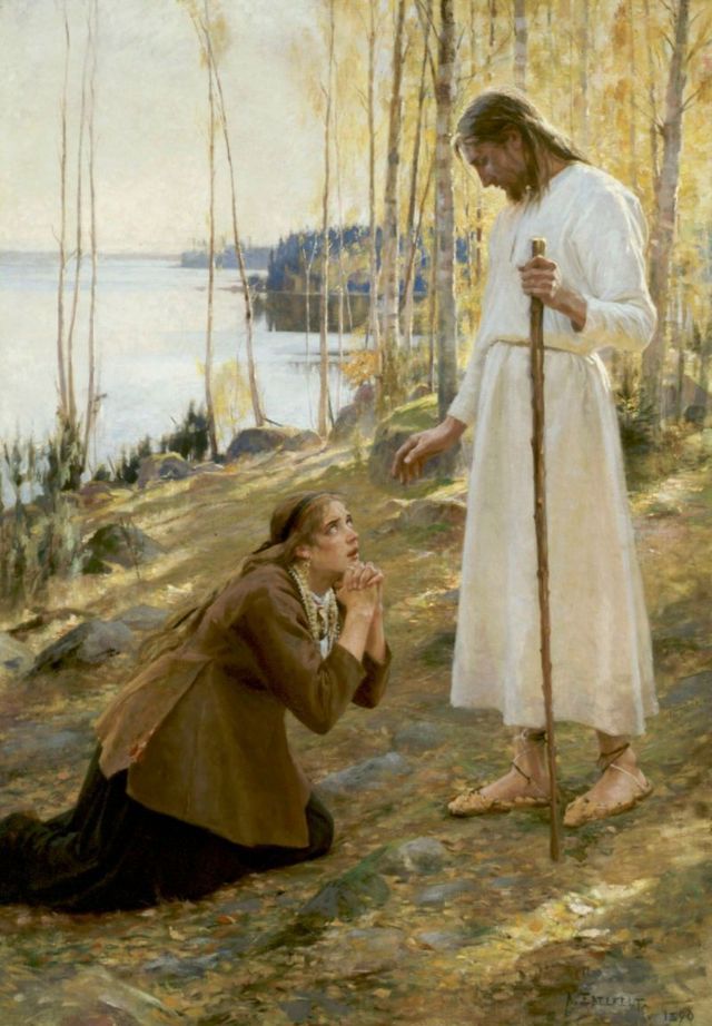 María Magdalena arrodillada ante Jesús, en una representación de 1890, de Albert Edelfelt