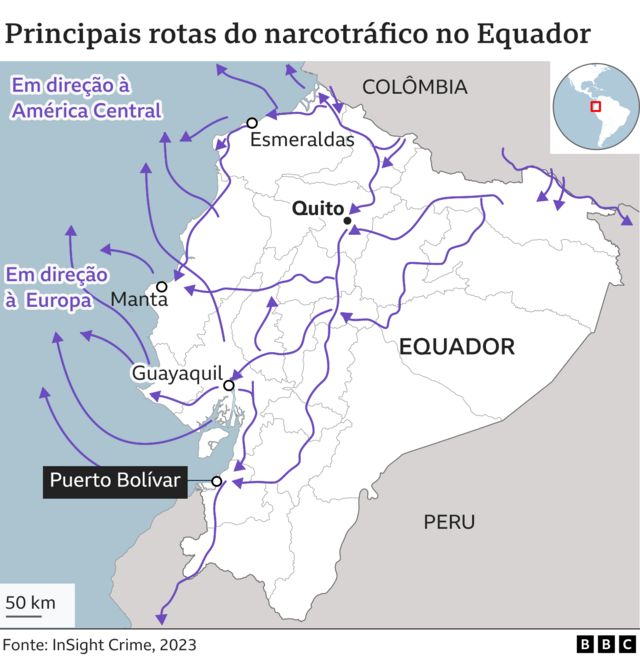 Mapa das rotas principais de tráfico de drogas no Equador